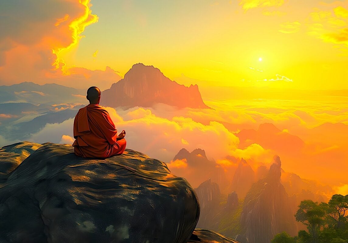A monk meditating on the mountain top at one with the Universe Odreamstime_xl_308149676 A monk meditating on Oneness with the world and the Universe on top of a mountain.