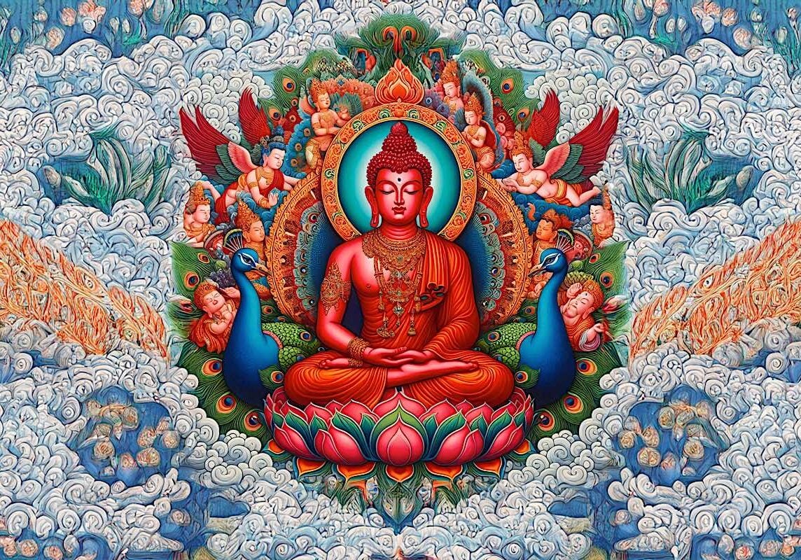 Amitabha-buddhaWeekly18 Amitabha with his sacred peacocks, symbolizing the transmutation of the poison of attachment into the wisdom of discernment.