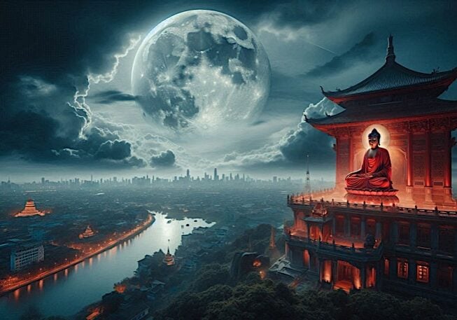 Beautiful Amitabha temple full moon