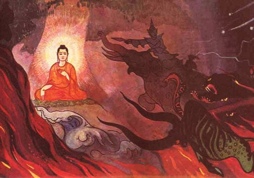 Buddha assailed by Mara's hoard Buddha calmly resists Mara's evil hoard under the Bodhi tree.