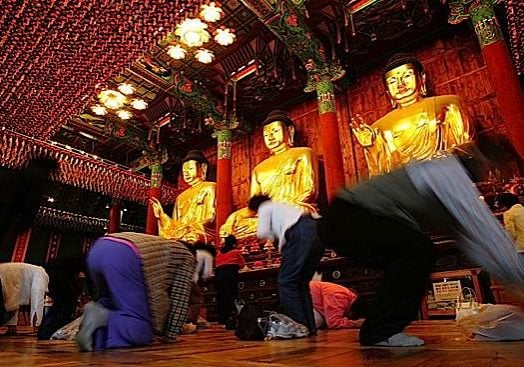 Respectful full-prostration bows are important to devout Korean Buddhists, one of the six essential practices.