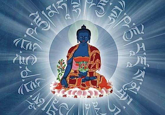 Buddha-Weekly-0Mantra around medicine buddha Visualizing the Medicine Buddha Mantra and rays of healing Lapis Lazuli light emanating from the Buddha, and absorbed into the patient (or self) assists in healing.