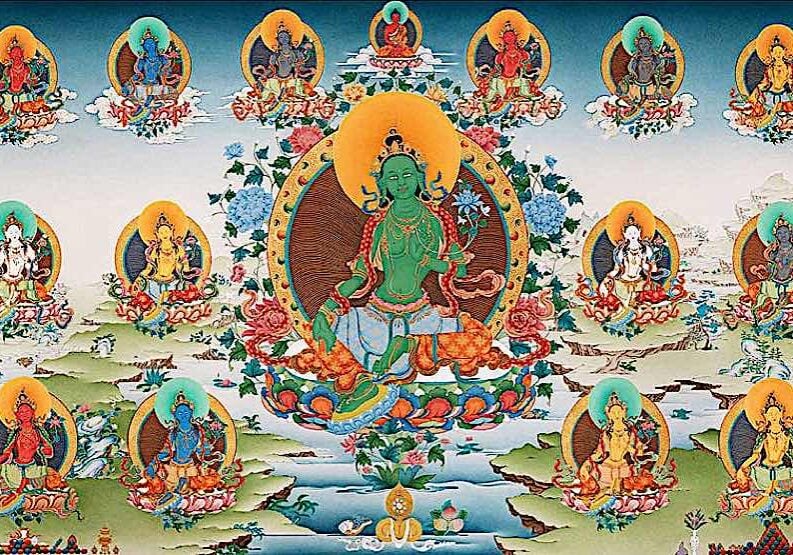 21 Taras according to the Nyingma Terma tradition, courtesy (and with permission) of VajrayanaPrint on Etsy. This is a rare horizontal format of the 21 Taras. (Most Thangkas are vertical) making this very special and unique. Contact VajrayanaPrint for information>>