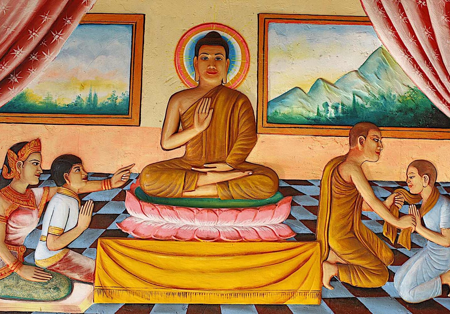 Rahula asks for his inheritance, urged on by his mother from a "life of Buddha" series of reliefs at Preah Prom Rath Monastery, Cambodia.