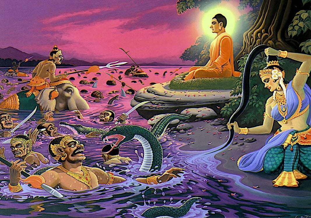 Buddha-Weekly-Buddha and river under tree-Buddhism The river metaphor appears often in Sutra teachings. Here, Shakyamuni is assailed by Mara, but the evil ones are swept away in the river of Samsara. Buddha, the Enlightened, is unassailable.