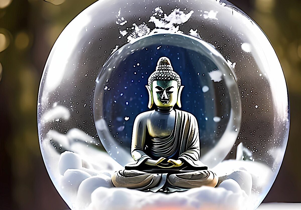 Buddha-Weekly-Buddha in a snow globe feature image-Buddhism Buddha meditating in a snow globe.