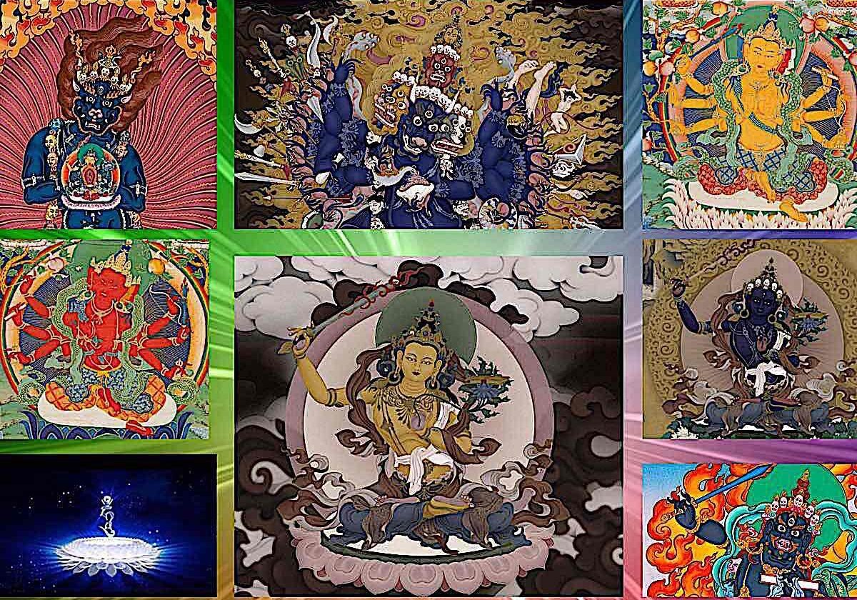 Buddha-Weekly-Buddha-Weekly-Many faces of Manjushri Yamantaka Black Manjushri-Buddhism-Buddhism The many faces of Wisdom and Compassion: Top right ferocious Yamantaka (two arms), top centre Yamantaka with nine heads — Manjushri's head on top — top right a rarer tantric form, centre bottom Orange Manjushri with Wisdom Sword, bottom right centre Peaceful Black Manjushri, bottom Right Wrathful black Manjushri and bottom left, the syllable Hum on a Lotus.