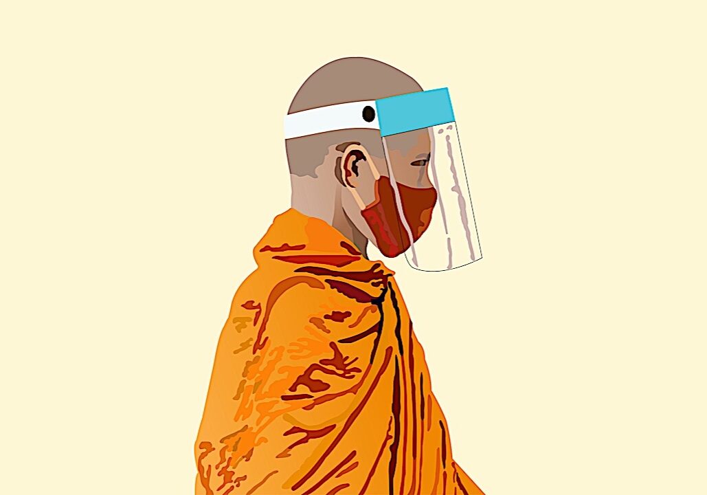 Buddha-Weekly-Buddhist monk with facemask dreamstime_xxl_181599819-Buddhism A Buddhist monk with mask and face protection continues to teach, overcoming all obstacles.