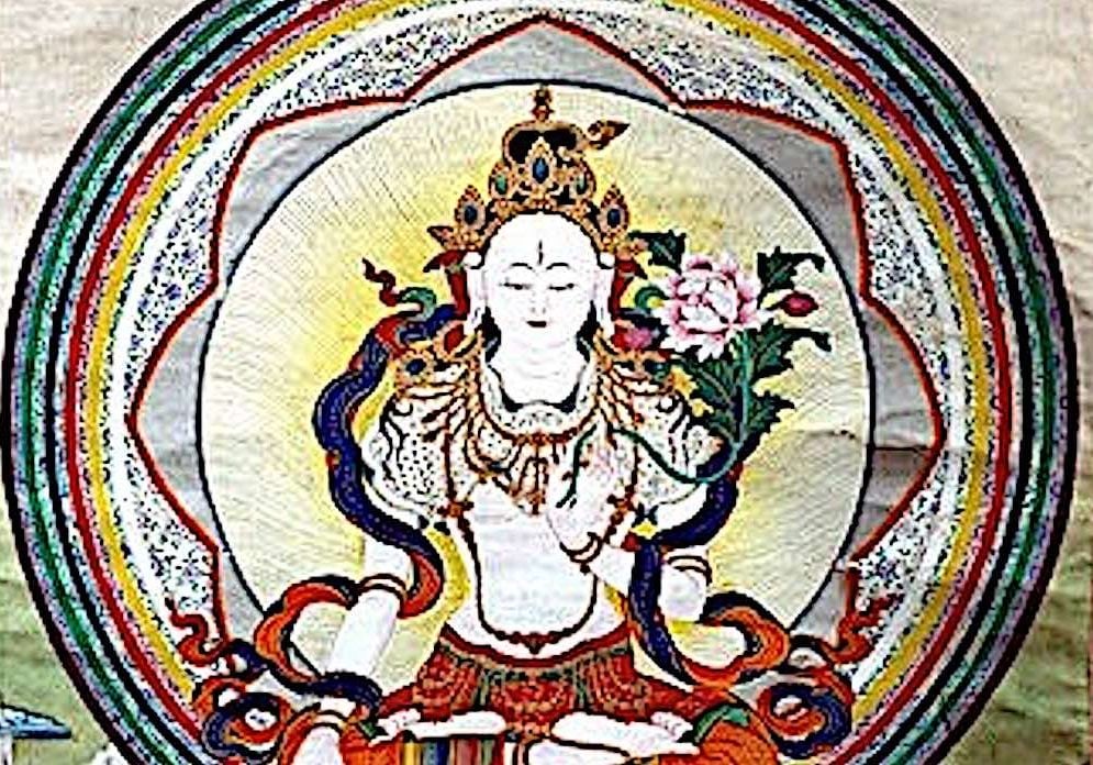 Buddha-Weekly-Chintachakra Wish-Granting White Tara with Rainbow of emtting activity colors-Buddhism Chitachakra Wish-Granting White Tara with a rainbow aura of colors representing the five activities and protective tents.