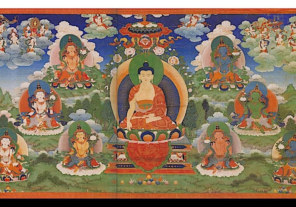 Buddha-Weekly-Eight Bodhisattvas surrounding Buddha-Buddhism Eight Great Bodhisattvas surrounding the Buddha, 17th century Chinese painting.