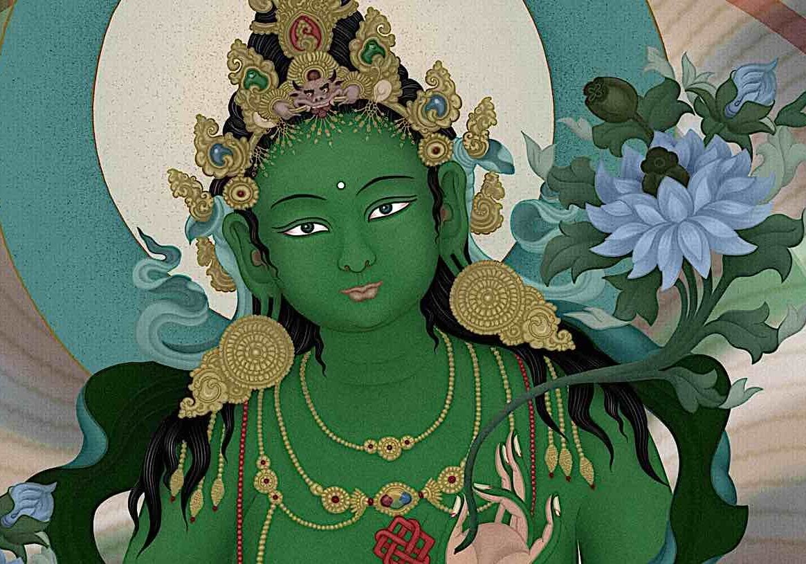 Loving face of the Mother of All Buddhas Green Tara. Detail from art by Ben Christian.