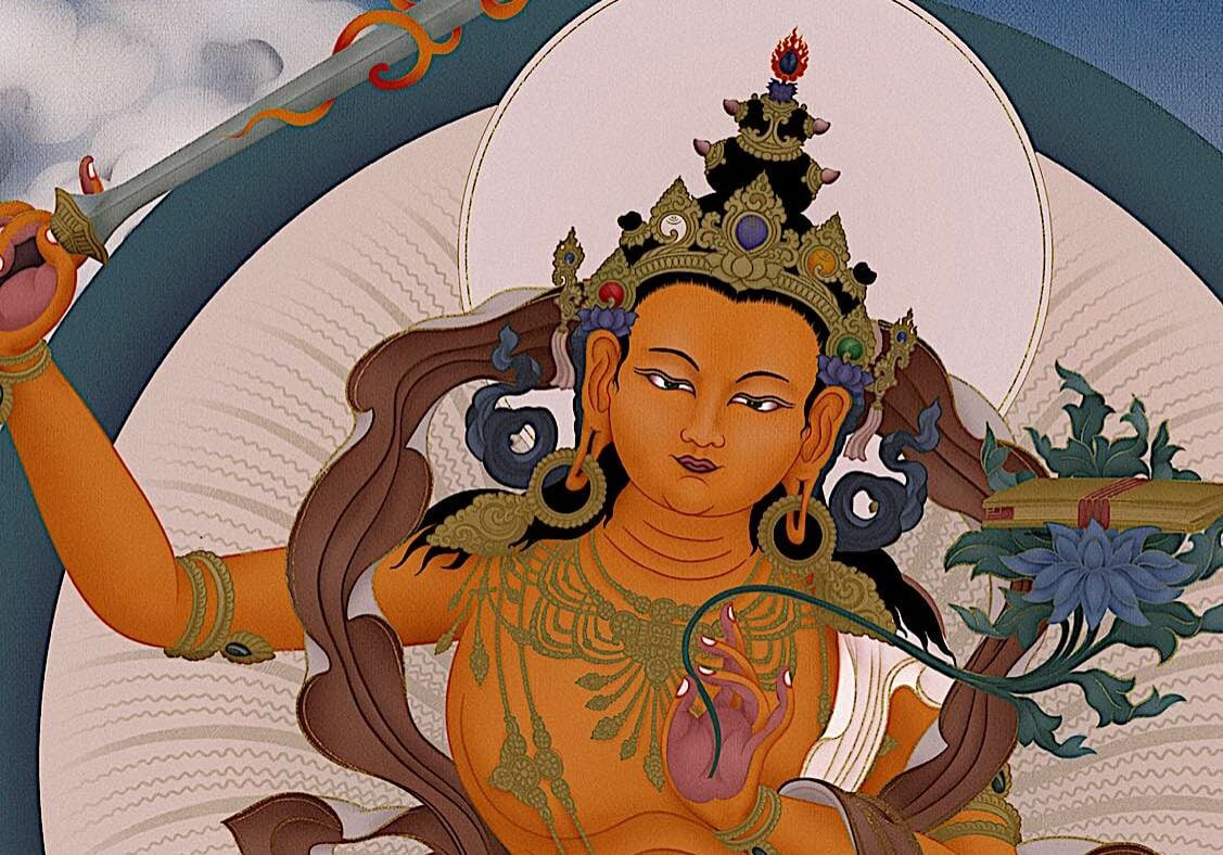 Buddha-Weekly-Feature image Manjushri by Ben Christian magnificent tangkha-Buddhism Lord Manjushri in his full youthful splendour by Ben Christian. The flaming sword (Khadga) of Lord Manjushri represents "cutting through delusions" — the beginning of wisdom.