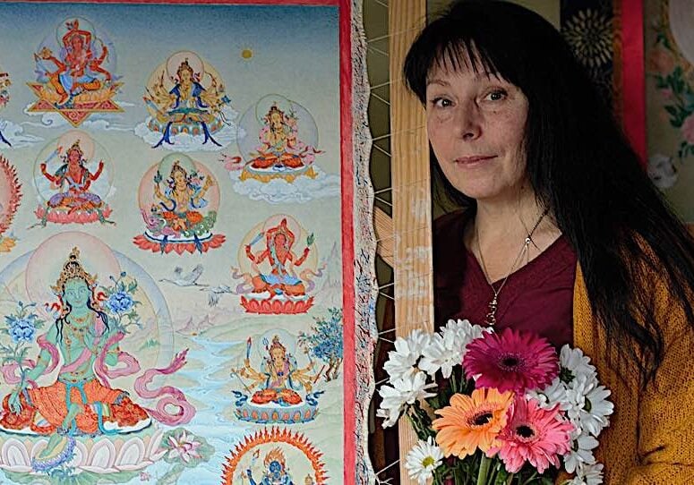 Buddha-Weekly-Feature image of artist Angeli Lhadripa Shkonda with her 21 Taras thangka-Buddhism Thangka artist Angeli Shkonda has painted stunning Tara paintings in the Karma Gadri tradition for ten years.