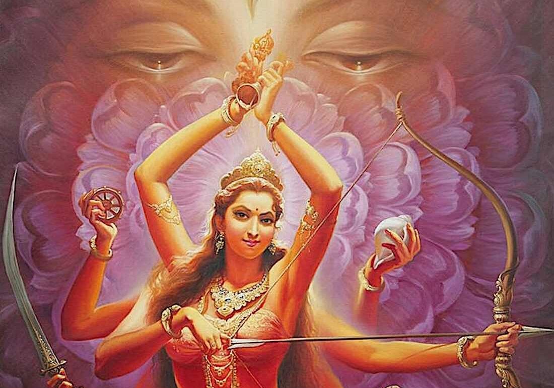 Buddha-Weekly-Feature Image Tara Surya Gupta-Buddhism Detail of a painting of Tara 1, Heroic Red Tara, by V.V. Sapar of the first Tara in the Surya Gupta sytem. In the background is the Lotus Face of Avalokiteshvara. (Full image below in the feature.)
