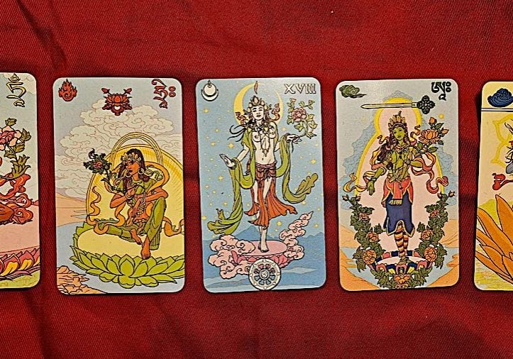 In Mahayana Buddhism, the Female Buddhas represent Perfect Wisdom and are indispensable. In Buddhism, the Female Buddhas sybmolize Perfect Wisdom while the Male Buddhas Represent Perfect Compassion. Both are co-equal partners as methods in Mahayana Buddhism. What is often misunderstood is the concept that even if you practice a single Buddha, for example, Amitabha, he is never separate from his Female Co-Equal Buddha Pandara. Or, if you practice Green Tara as a sole practice, she is never separate from her co-Equal Male Budddha Amoghasiddhi. These are forms, manifesting to help us according to our own preferences and needs. Photo of beautiful artwork in Bruno Letzia's Siddartha Tarot Deck, which is a Vajrayana-inspired deck. Available from Amazon.