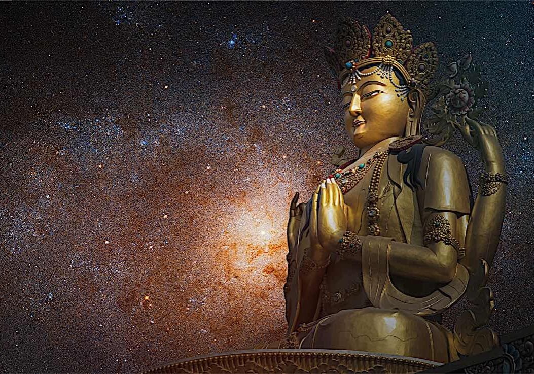 Buddha-Weekly-four-armed Chenrezig statue with background starry sky dreamstime_xxl_164705808-Buddhism Chenrezig is the Bodhisattva of Compassion and Loving Kindess.