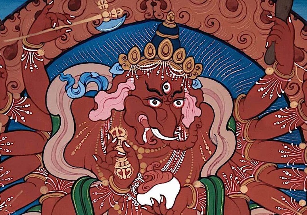 Buddha-Weekly-Ganapati 12 Armed Red Maharakta-Buddhism 2 12-armed Red Ganapati is a treasured practice in Tibetan Buddhism, known for bringing auspiciousness and removing obstacles.