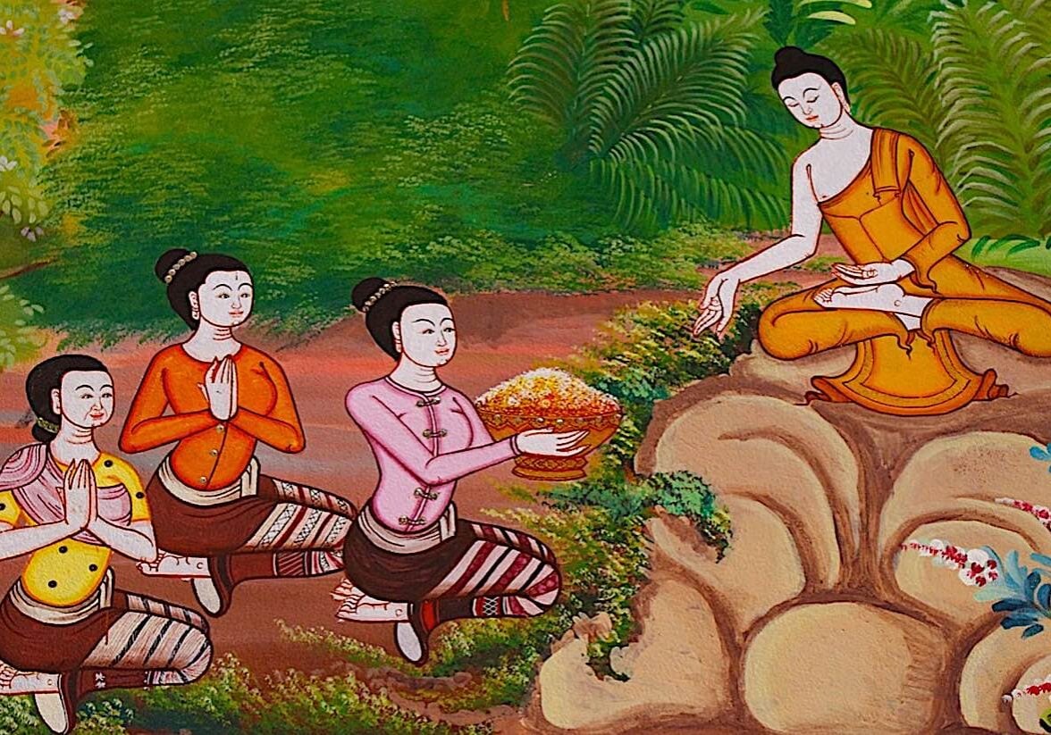 Buddha-Weekly-Gautama Buddha receiving offerings from followers-Buddhism Buddha receives Dana from followers. Generosity is one of the cures for greed.