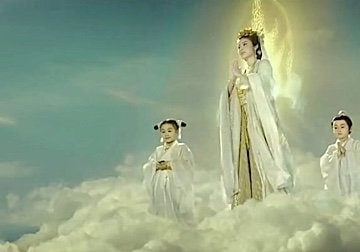 Buddha-Weekly-Guan yin in the clouds with her assistants-Buddhism Kuan Yin Pusa, Goddess of Mercy, also known as Avalokiteshvara, Bodhisattva of Compassion.