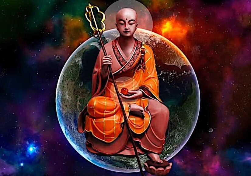 Buddha-Weekly-Kshitigarbha-Buddhism Kshitigarbha (Jizo) can be recognized in images by his staff and monk robes.
