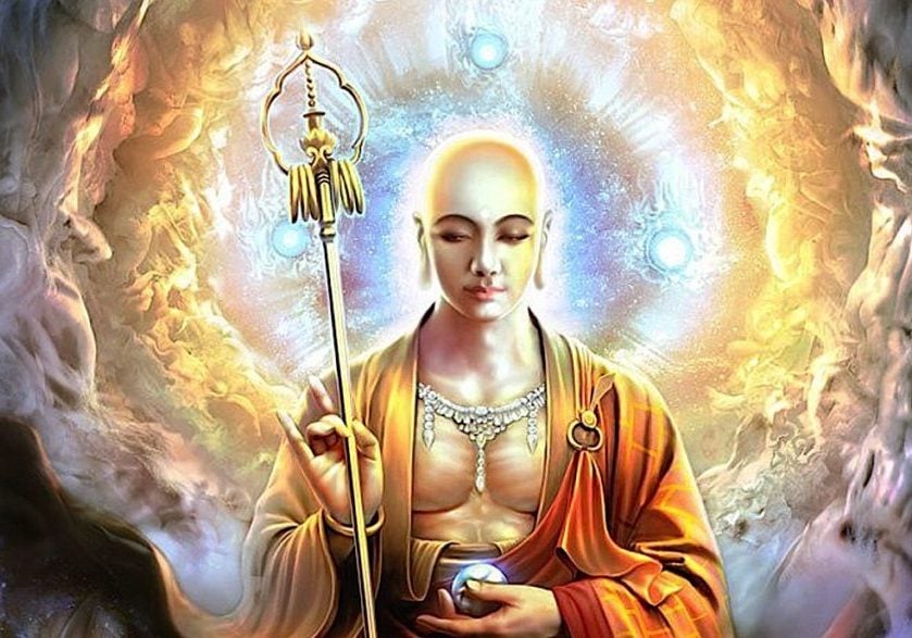 Buddha-Weekly-Ksitigarbha with wish-fulfilling gem-Buddhism The glorious and compassionate Bodhisattva Ksitigarbha — the wish-fulfilling gem. He is especially beloved because of his role as the Bodhisattva who visited the "hell realms" to rescue suffering beings.