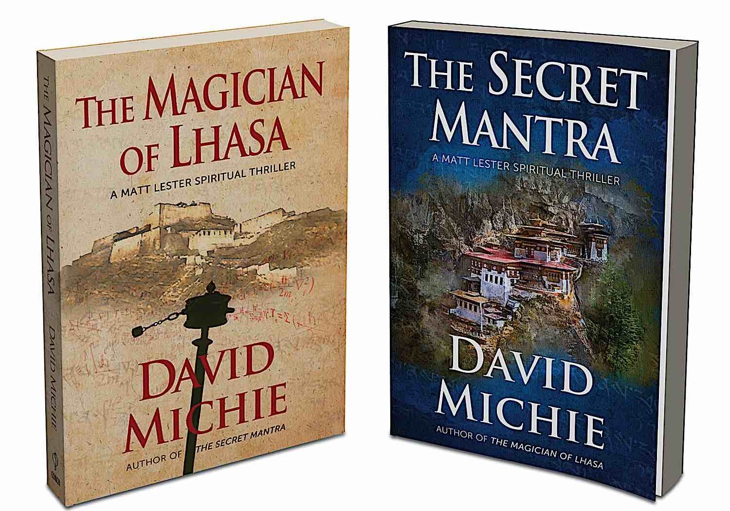 Buddha-Weekly-Magician of Lhasa and Secret Mantra books together-Buddhism The covers of David Michie's Tibetan Buddhist Thrillers The Secret Mantra and The Magician of Lhasa.