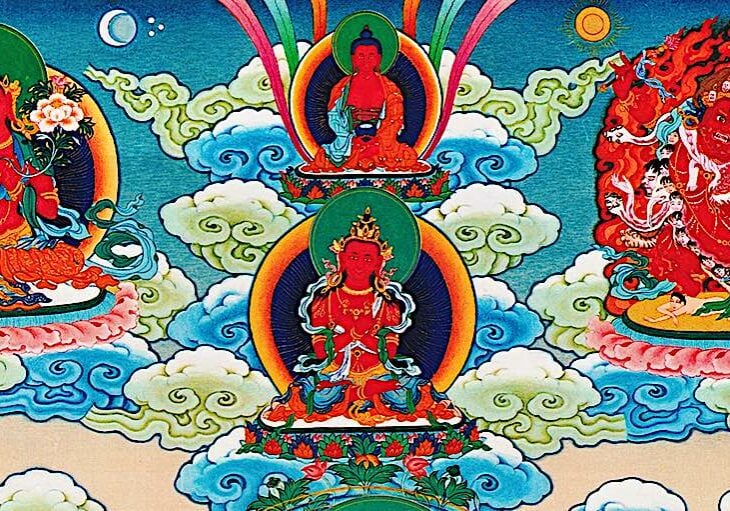 Buddha-Weekly-Magnetizing Deities Wangdu Amitabha Vajradharma Hayagriva Chenrezig-Buddhism From a Wang Du Thangka the magnetizing deities (left to right) Chenrezig (Padmapani), Amitabha (top) Hayagriva (right) and Vajradharma (bottom.)