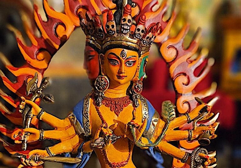 Marici, Enemy of all Maras, Goddess of the Dawn. This statue is painted as a Dharma practice, by Buddha Weekly's Creative Director.