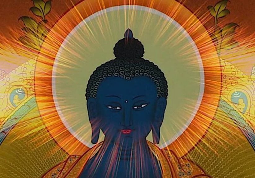 Buddha-Weekly-Medicine Buddha Sutra glow around head of Buddha-Buddhism In Medicine Buddha practice we imagine healing light from the Lapis Lazuli Light Medicine Buddha entering our body, healing us. How does this imaginative visualization help us? Is this the real healing energy of Medicine Buddha, or our own mind triggered by the visualization? Or both? Ultimately, it is both, and ultimately, it doesn't matter.