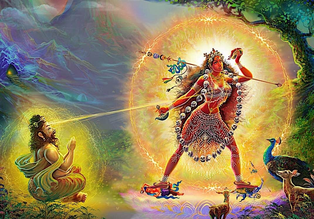 Buddha-Weekly-Naropa has a vision of Vajryayogini in the wilderness-Buddhism Naropa has a vision of Vajrayogini. In the background is his retreat cave.
