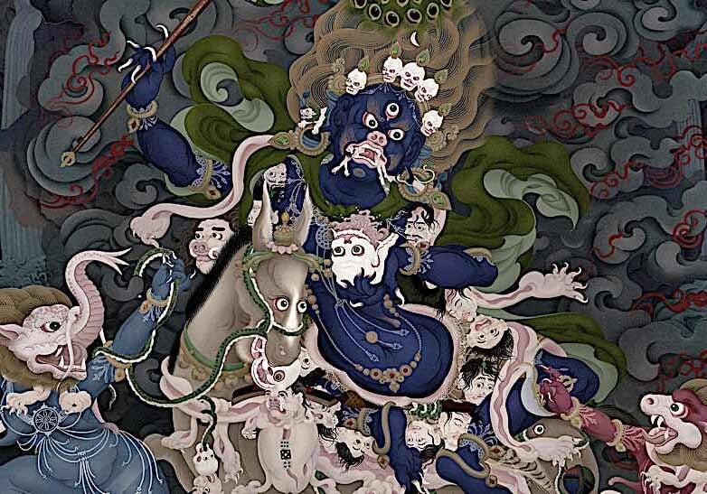 Buddha-Weekly-Palden Lhamo queen of the end of war by Jampay Dorje Ben Christian-Buddhism Stunning image of Palden Lhamo, the Queen of the End of War by Jampay Dorje (Ben Christian). She is flanked by blue Makaravaka on the left; and red Simhavakra on the right.