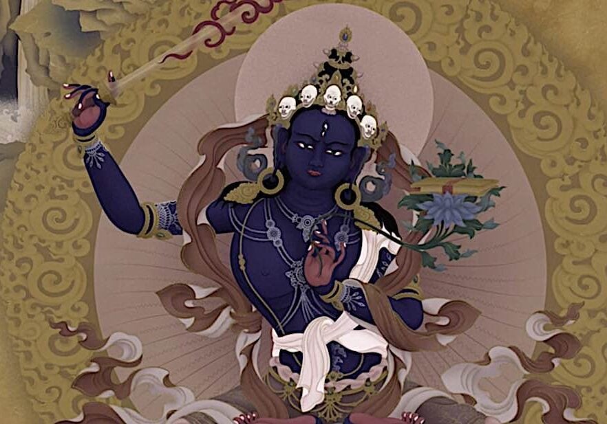 Buddha-Weekly-Peaceful Black Manjushri-Buddhism Peaceful Black Manjushri is seated with a slightly "stern" face. Some people feel more comfortable visualizing Peaceful Black Manjushri, especially if they've been traumatized. Wrathful visualization can feel more powerful — reinforced by the symbolism of activity and fierceness.