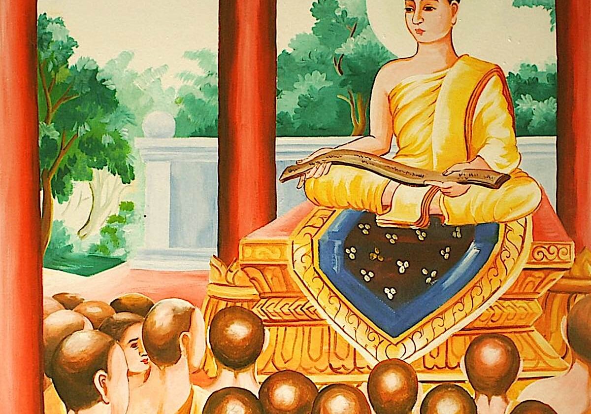 Buddha-Weekly-Sattapitaka teaching sutra at the First Buddhist Council from a monastery painting in Laos-Buddhism Sattapitaka teaching sutra at the First Buddhist Council -- from a monastery painting in Laos.