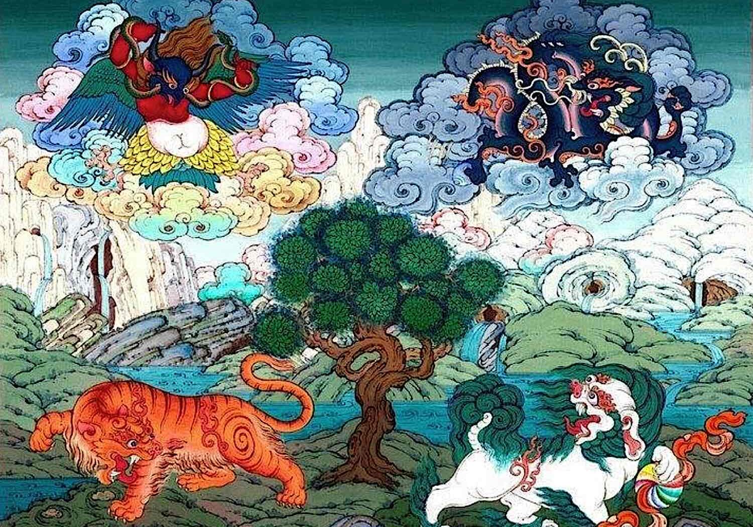 Buddha-Weekly-Tak Seng Chung Druk Tiger Snow Lion Garuda Dragon Four Dignities-Buddhism The Four Dignities in Tibetan Buddhism and the auspicious animals of Bhutan: Tak (Tiger) lower left Seng (Snow LIon) lower right, Cheng (Garuda) upper left and Druk (Dragon) upper right. These are four directional guardians with Garuda in the north, Snow Lion in the east, Tiger in the south and Dragon in the West. (In some regions, directions may be changed).