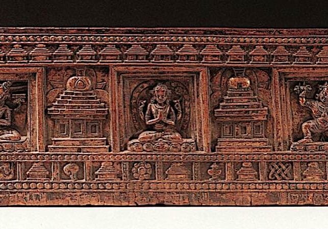 Buddha-Weekly-Three Great Bodhisattvas Book Sutra Cover Himalayan Art-Buddhism A Sutra cover with embossed images of the Three Great Ones: Manjushri centre, Avalokiteshvara (our left) and Vajrapani (our right).