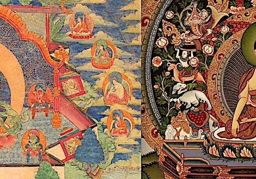 Buddha-Weekly-Tibetan Thangka on left Nepali Thangka on right-Buddhism A comparison of two genuine thangkas in two traditions: Tibetan Thangka on the left (detail, not full) and Nepali Thangka on the right (detail.)
