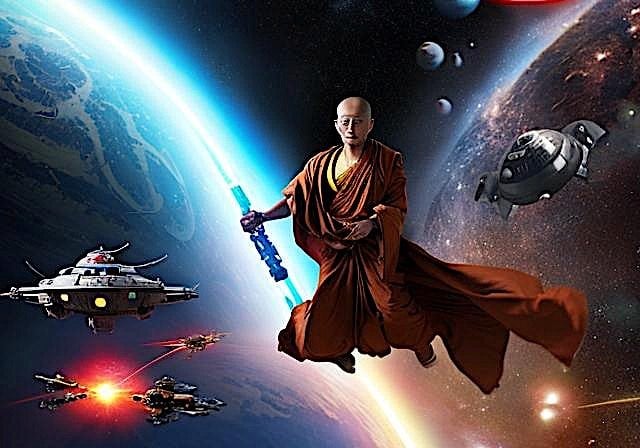 Buddha-Weekly-Vajrayana monk is like a space pilot exploring beyond-Buddhism Concept of "monk in space" as a metaphor for Vajrayana — seeing beyond illusory reality. In this metaphor, the monk walking mindfully is Theravada, the monk driving a big bus full of people, fleeing a flaming city is the Mahayana and the Monk piloting in space is the Vajrayana.