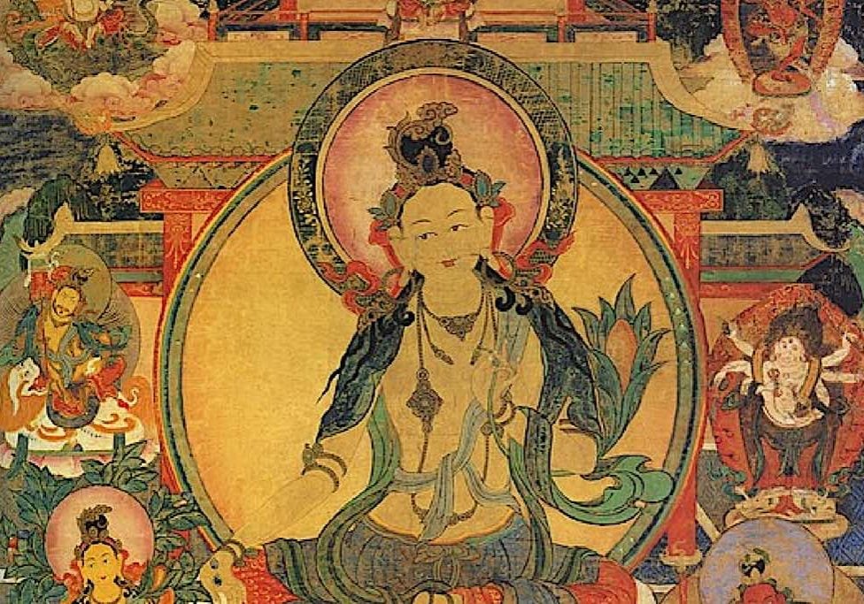 Buddha-Weekly-Vasudhara feature Image-Buddhism Vasudhara in her most popular form in Tibet, with Two arms, Golden Yellow holding a sheef of corn. She is an aspect of Tara, called Yellow Tara (11th Tara in the Nyingma 21 Taras Lineage), and she is none other than Mother Earth's Enlightened Form, who controls the ten Guardians of the World.