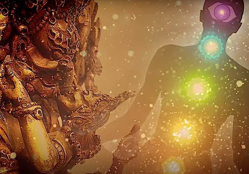 Buddha-Weekly-Visualizing the body of light chakras and deity-Buddhism Visualizing the inner body as chakras and the deity front generated. From a video by Buddha Weekly.