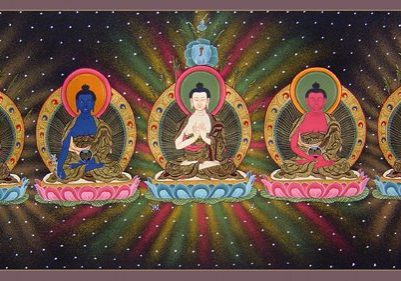 Five Dyani Buddhas 2 The Five Buddhas with Vairochana in the center. If they are portrayed in a directional mandala, Vairochana is usually still in the center.