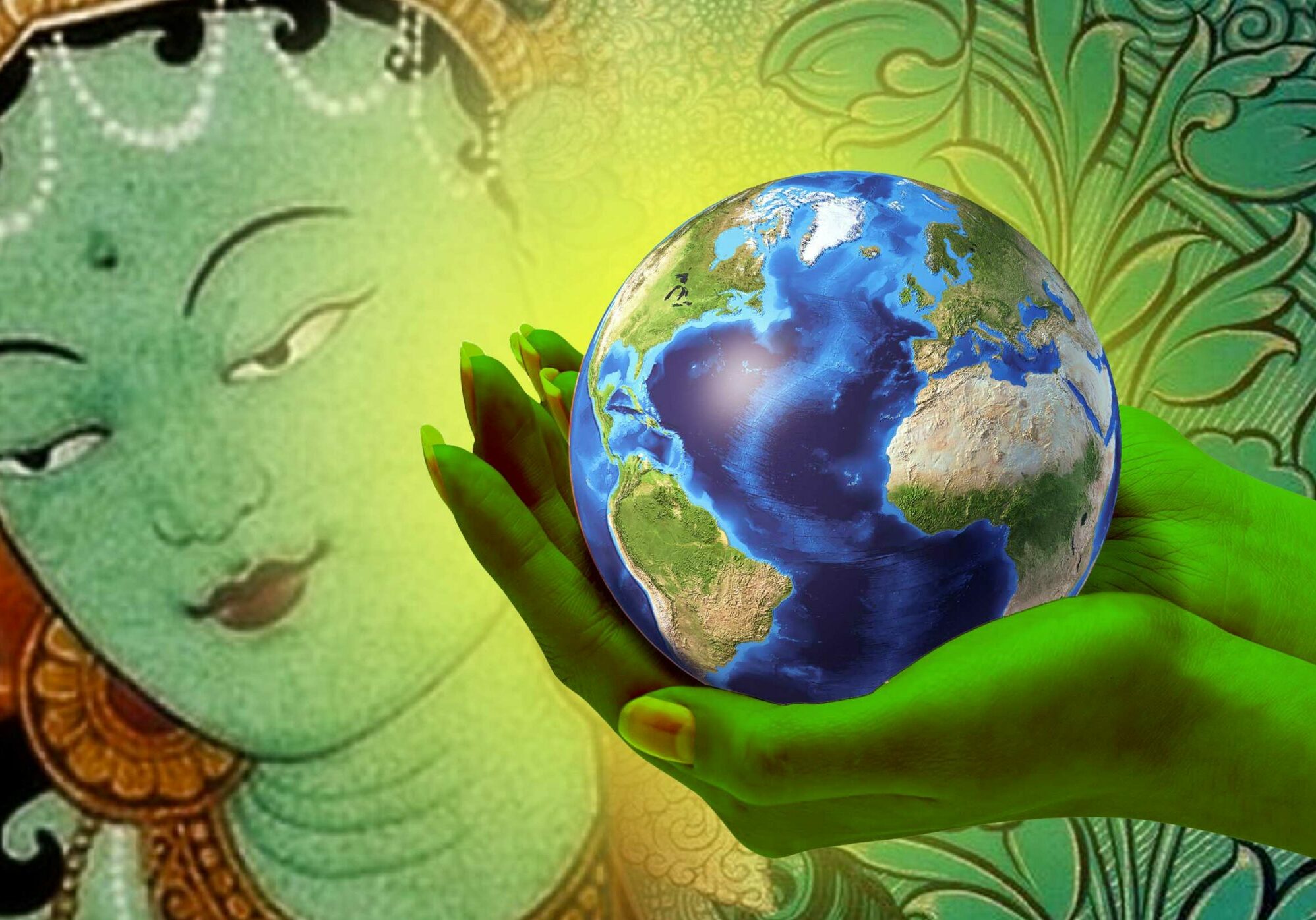 green-tara-earth-hands_Buddha Weekly Feature Image Composite feature image from Buddha Weekly illustrated Tara's green hands cradling the Earth.