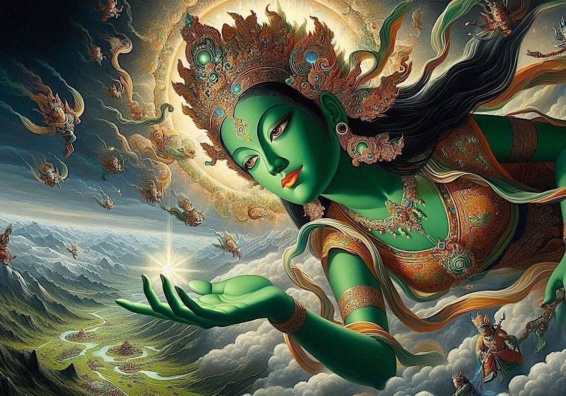 Green Tara in the Clouds protecitng travellers on the road Tara is not a static concept. Instead of a seated Buddha, we think of her as a dynamic action heroine, the karma goddess helping and rescuing beings. Here in our concept from our Video "Boundless Heroine Tara" she is rescuing a caravan from bandits. This image is available in our dgital gallery for personal use, or for use in social media or sharing with credit to @BuddhaWeekly..