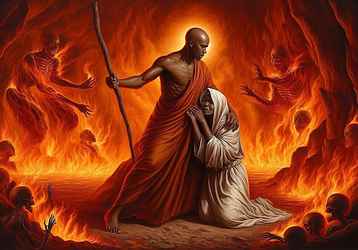 Hor Hungry Ghost 1 Mulian finds his mother as a hungry ghost and asks Buddha how he can save her from suffering. Image by Buddha Weekly @BuddhaWeekly.