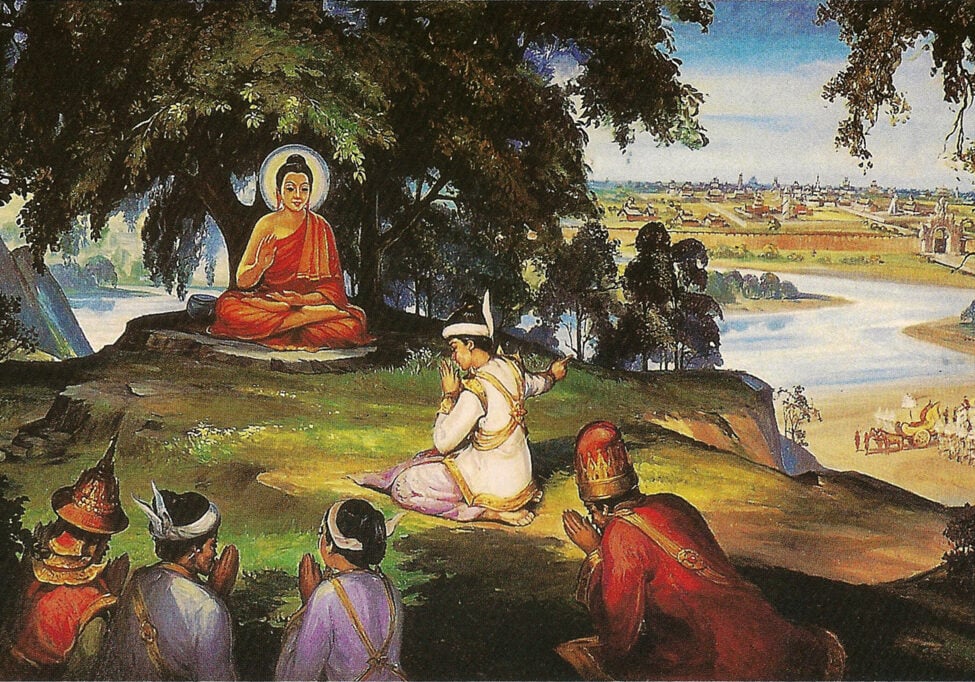 King_Bimbisara_and_the_Buddha by Hintha King Bimbisare offers to give up his entire kingdom to the Buddha. Credit Hintha.