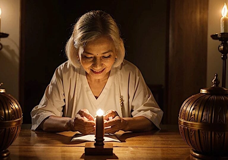 Old lady medition A devoted Buddhist of faith chanting mantras.