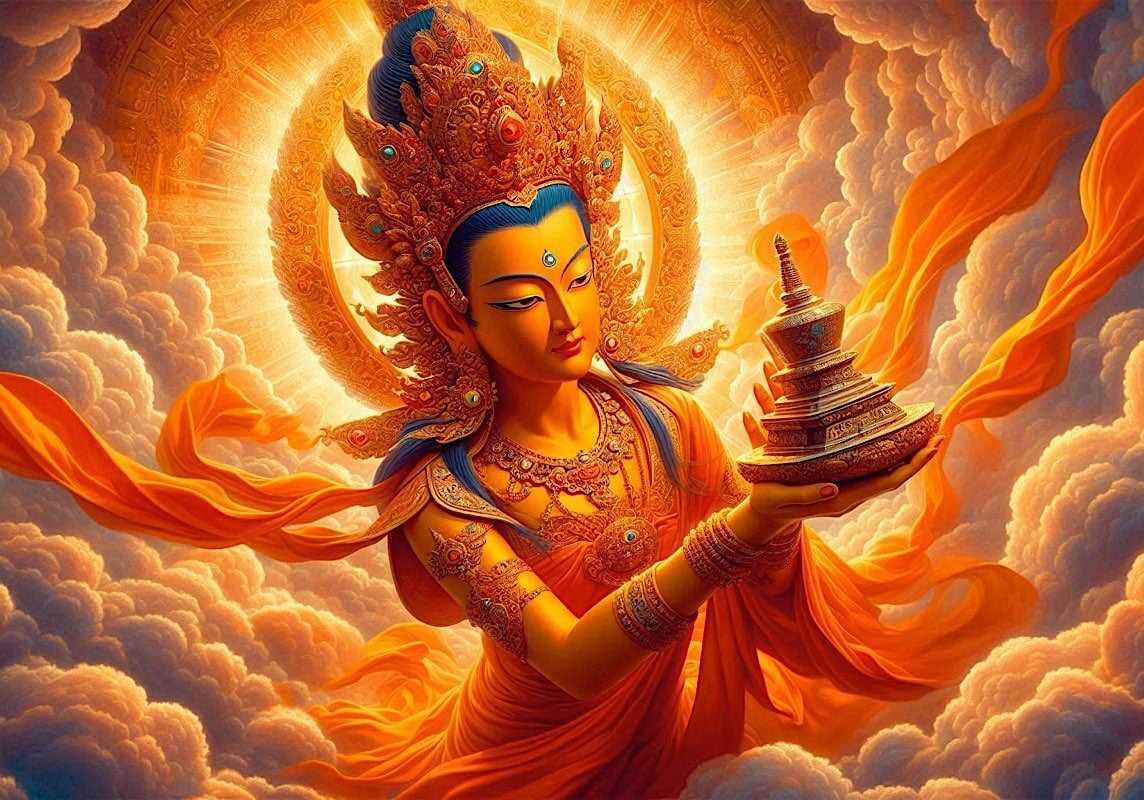 Orange Gold Tara 1 with Stupa Overcomes Violence, enemies and evil Tara 17 of the 21 Taras holds a Stupa in the Nyingma visualizations, symbolizing the power of the Enlightened Mind to supress violence, evil and ill-thoughts. The symbol of the Stupa represents the Enlightened Mind and wisdom. It is through this wisdom we can overcome the poisons, including those that lead to violence.